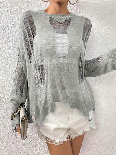 2025 Novo suéter de malha de manga comprida com decote em V solto e vazado para férias para mulheres