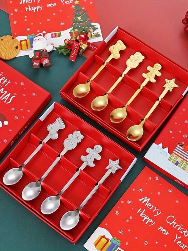 1set Christmas Gift Tableware Set, Stainless Steel Snowman Spoon, Gingerbread, Christmas Gift Stocking, Star Shaped Dessert Stirrer, Stainless Steel Cutlery, Christmas Gift Gift Set