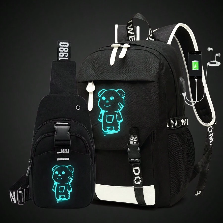 Conjunto de 2 piezas de mochila escolar que brilla en la oscuridad para hombres, puede contener computadoras de 16 pulgadas con un pecho paquete, para regreso a clases, de estilo minimalista de Oxford, con estampado de expresiones de dibujos animados, para estudiantes, hombres, niños, multiusos, regalos de Halloween, otoño, Navidad, grito, mochila multifuncional - Negro - Ver 1