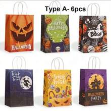 6/12 Pcs Halloween Treat Bags With Handles Kraft Paper Halloween Bags Trick Or Treat Gift Packing Bag Party Bulk Supplies - Multicolor - View 3