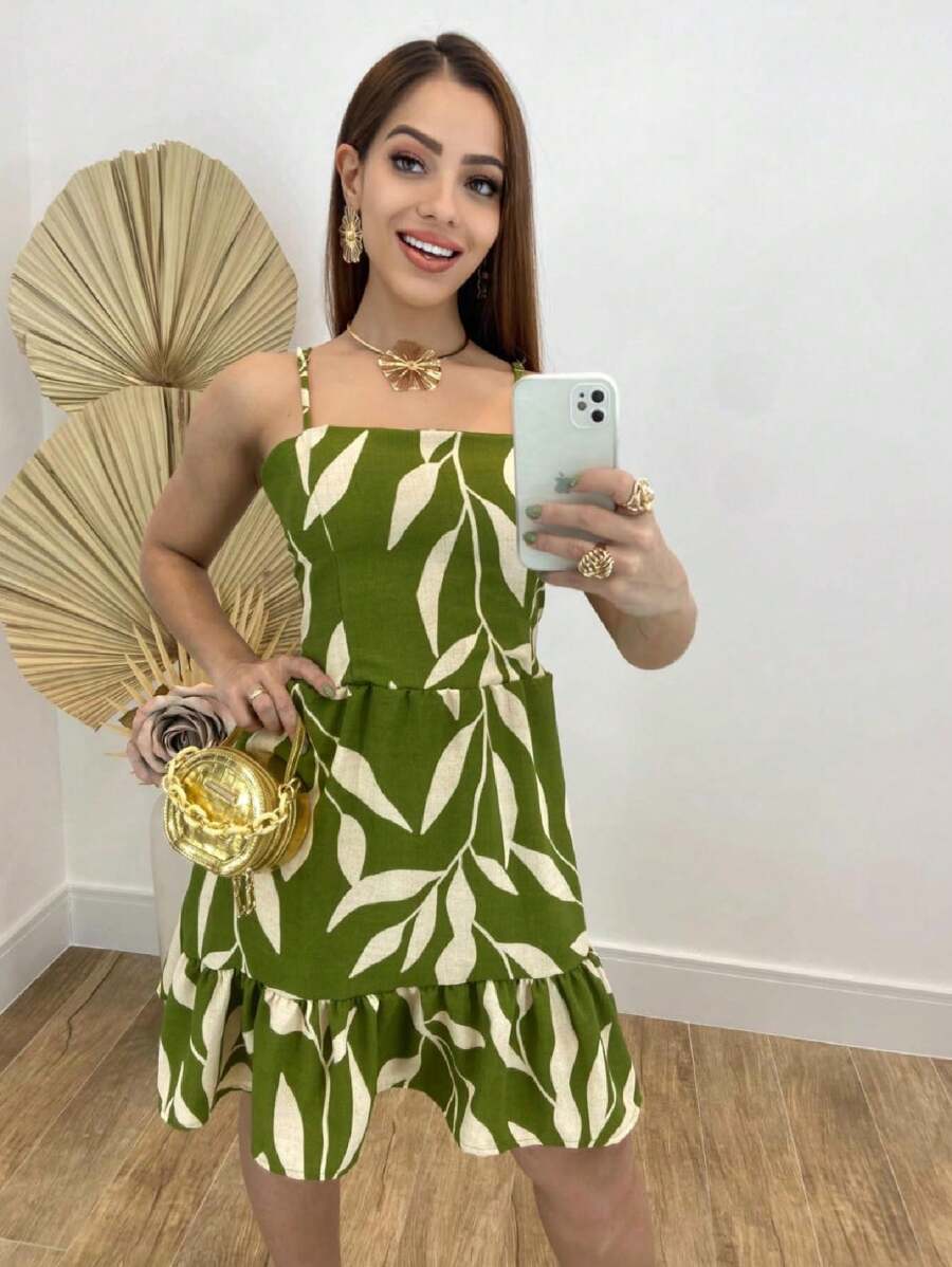 Steve Store Women's Fashion Short Dress Strap Dune Fabric One Size - 橄欖綠 - 查看 1