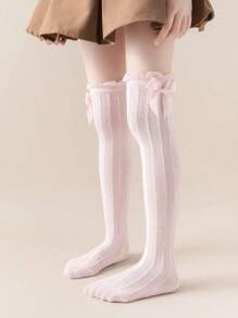 1對幼兒女童甜美銀邊過膝襪,蝴蝶結和泡泡細節,柔軟舒適,適合於秋冬搭配小皮鞋的日常穿搭 - 黑色 - 查看 1