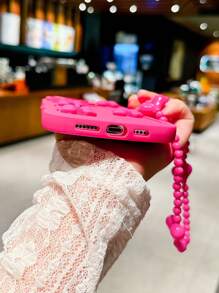 New Lovely Pink DIY Bow Wave Anti-Drop Phone Case Compatible With Apple IPhone 14 Pro Max With Heart Lanyard, High-End Fashionable Phone Protective Cover Compatible With Iphone 13/12/12 Pro/11/XR/16/17 Pro Max - Hot Pink - View 5