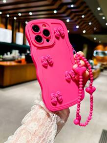 New Lovely Pink DIY Bow Wave Anti-Drop Phone Case Compatible With Apple IPhone 14 Pro Max With Heart Lanyard, High-End Fashionable Phone Protective Cover Compatible With Iphone 13/12/12 Pro/11/XR/16/17 Pro Max - Hot Pink - View 3