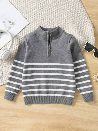 Young Boy Striped Zipper Stand Collar Pullover Sweater, Suitable For School In Spring, Fall And Winter