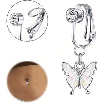 1 件装银色假肚脐穿孔医用钢肚脐夹方晶锆石肚脐首饰适合女性女孩