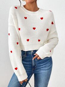 1 Peça Suéter Bordado Feminino de Primavera/Verão, Top de Tricô com Padrão Coração Chique e Doce, Cropped Casual Versátil, Top Feminina de Gola Redonda e Manga Longa, Streetwear