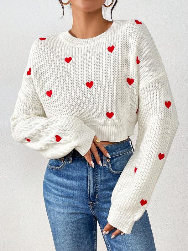 1pc Women's Spring/Summer Embroidered Sweater, Sweet Chic Heart Pattern Knit Top, Soft Casual Versatile Crop Top, Round Neck Long Sleeve Pullover Women Tops, Streetwear