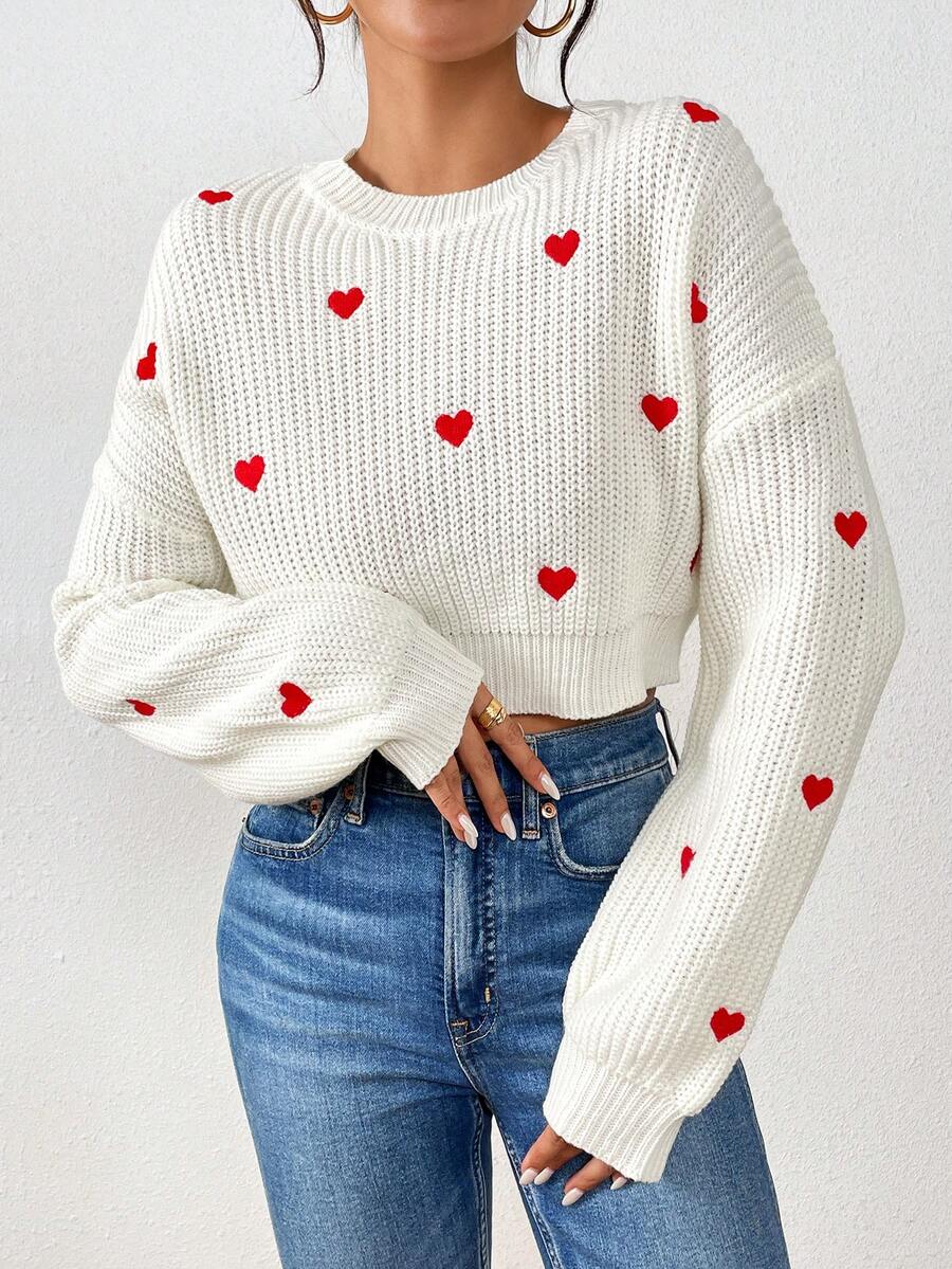 1pc Women's Spring/Summer Embroidered Sweater, Sweet Chic Heart Pattern Knit Top, Soft Casual Versatile Crop Top, Round Neck Long Sleeve Pullover Women Tops, Streetwear
