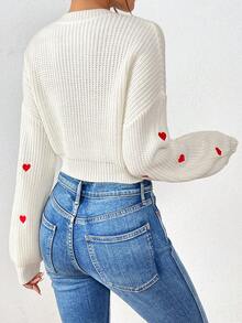 1pc Women's Spring/Summer Embroidered Sweater, Sweet Chic Heart Pattern Knit Top, Soft Casual Versatile Crop Top, Round Neck Long Sleeve Pullover Women Tops, Streetwear