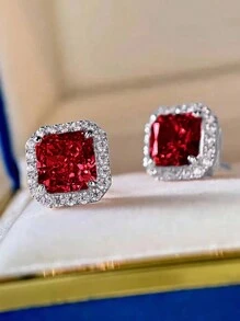 1 Pair Elegant Cubic Zirconia Stud Earrings, Suitable For Women, Suitable For Weddings, Engagements, Anniversaries, Parties, Valentine's Day And Other Occasions - Red - View 2