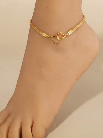 1件套18K镀金不锈钢女士项链，配心形脚链和镂空心形吊坠，简约法式风格，适合派对、约会、办公和度假等场合。