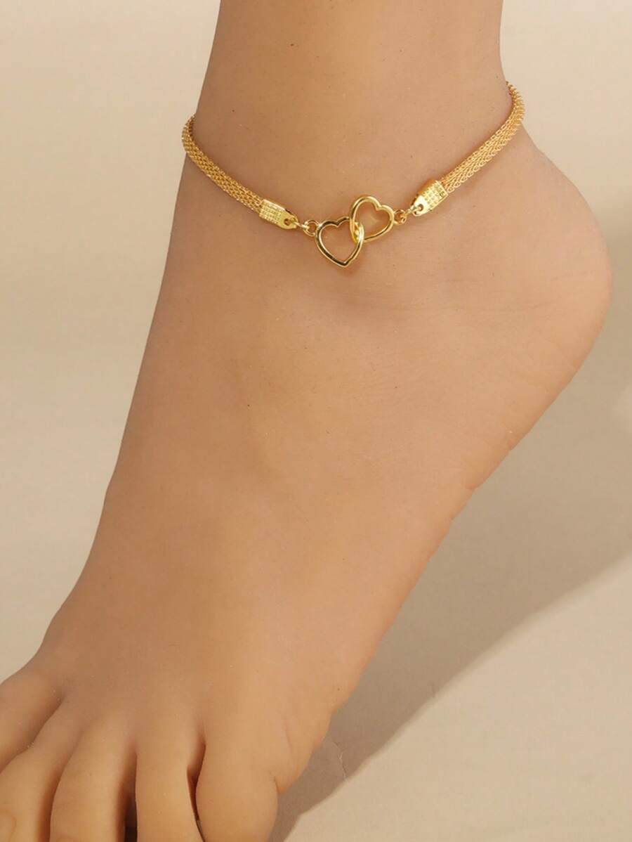 1pc 18K Gold Plated Stainless Steel Women's Necklace With Heart Anklet And Hollow Heart Drop Pendant, Minimalist French Style, Suitable For Party, Date, Office And Holidays - Yellow Gold - View 1