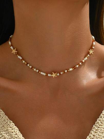 1pc Handmade Random Beaded Starfish Necklace, Summer Beach Ocean Themed Jewelry For Women, Suitable For Daily Wear And Beach Party
