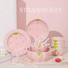 Juego de vajilla de cerámica con estampado de fresas rosas, 7 piezas, que incluye tazón, cuchara, plato - Adecuado para escuela, dormitorio, hogar, cocina, comedor, regalo de Navidad - Serie fresa rosa - Ver 7