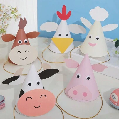 Set de 5 gorros de fiesta de cumpleaños, decoración y accesorios para fotos con diseños de animales de dibujos animados como vaca, cerdo, oveja, pollo y toro, para Navidad