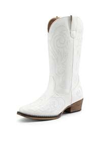Women's Mid Calf Cowgirl Boots Cowboy Boots Pointed Toe Fashion Slip-On Chunky Heel Embroidery Stitched Western White Boots For Festival Party Shoes - 白色 - 查看 7