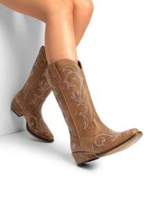 Women's Mid Calf Cowgirl Boots Cowboy Boots Pointed Toe Fashion Slip-On Chunky Heel Embroidery Stitched Western Camel Boots For Festival Party Shoes - Camel - View 8