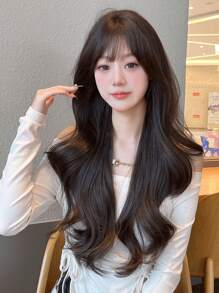 Peruca longa com ondas naturais de 66cm, com franja, preta e marrom, para mulheres, natural