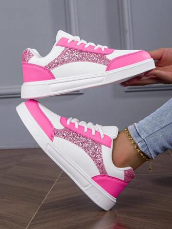 少女时尚亮片系带休闲运动鞋，白色和粉色，适合所有季节