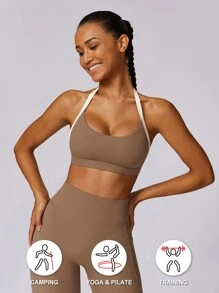 MASKERT 女士运动内衣、运动上衣、瑜伽上衣、高弹力运动上衣 - 摩卡棕 - 查看 1