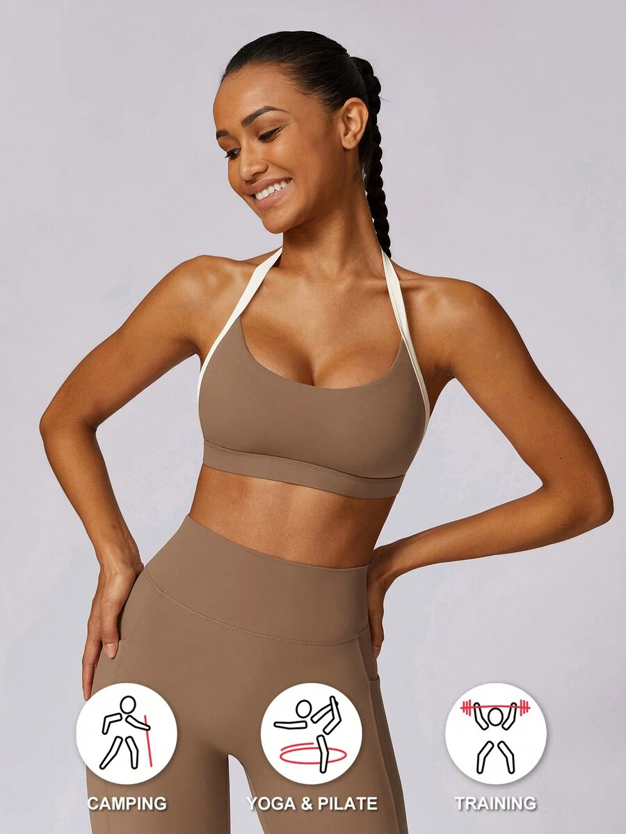 MASKERT 女士运动内衣、运动上衣、瑜伽上衣、高弹力运动上衣 - 摩卡棕 - 查看 1