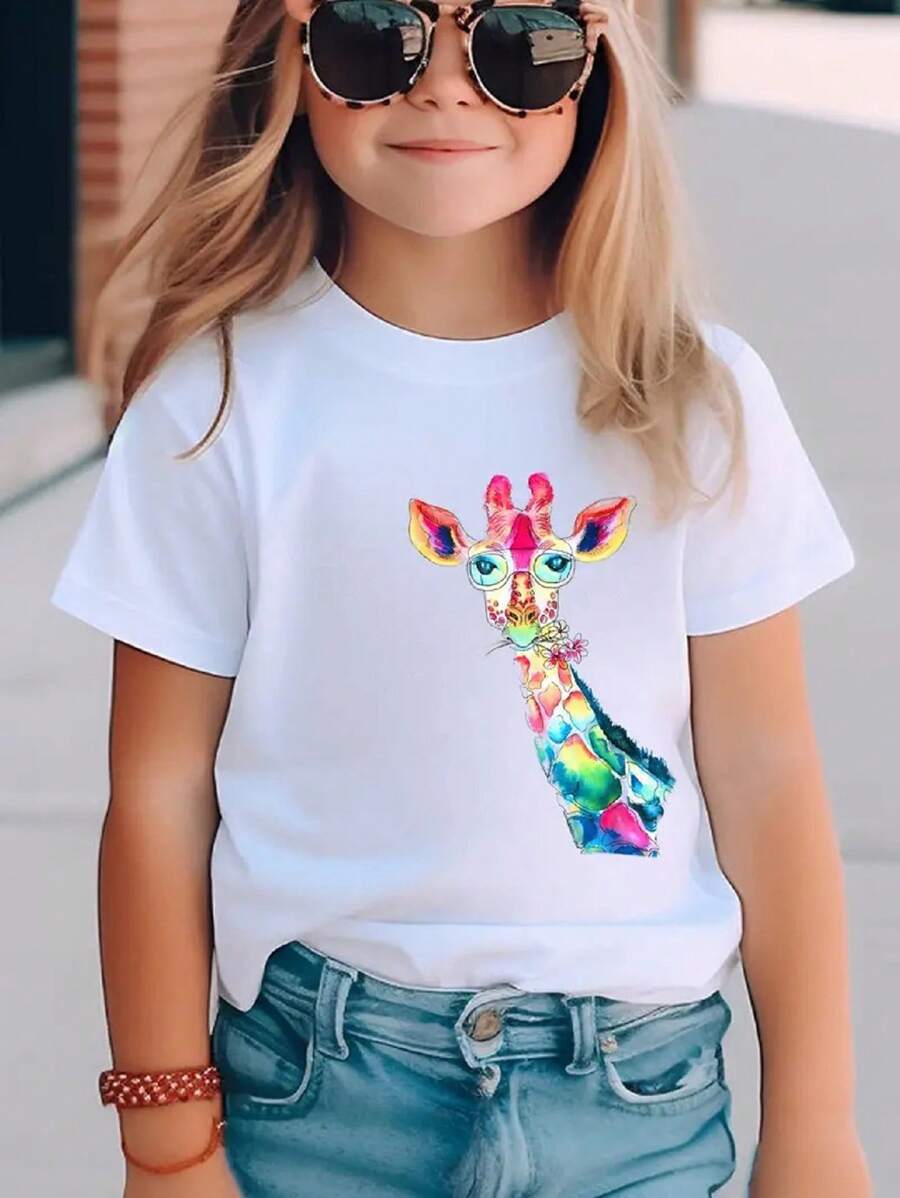 COLORFUL GIRAFFE T-Shirt Children's Women's Men's Unisex Shirt In Adult And Child Sizes - White - View 1