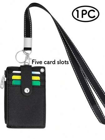 1 件颈挂拉链卡片收纳盒 PU 皮革便携式轻便教师和学生工作用品校园徽章卡公交卡学生和员工徽章通用用于学生员工和教师卡夹钱包名片夹信用卡夹教师挂绳带身份证夹