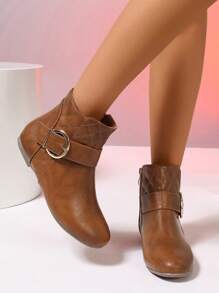 Brown Rhombus Stitching Asymmetrical Stripe Zipper Side Round Toe Elegant Versatile Commuting New Autumn Winter Fashion Comfortable Flat Boots For Women - Brown - View 3