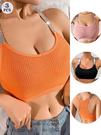3 Sets Women's Sexy Crop Top Camisole Bralette, Fitted Bustier Bra Tops