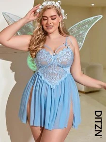 DITZN Camiseta de muñeca de talla grande, camisón de encaje transpirable de verano con vestido vaina sexy transparente lencería erótica y tirantes (con tanga gratis)
