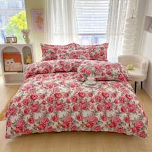 4 piezas Serie de cepillado suave, Juego de ropa de cama con estampado floral lindo (1 funda nórdica, 1 sábana plana, 2 fundas de almohada), Juego de ropa de cama estampado estilo Ins cómodo y sencillo, Adecuado para dormitorio, habitación de invitados y hotel