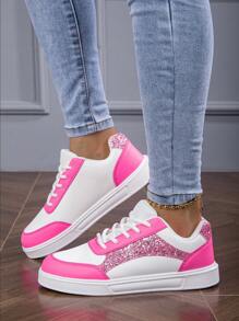 少女时尚亮片系带休闲运动鞋，白色和粉色，适合所有季节 - 粉色 - 查看 3