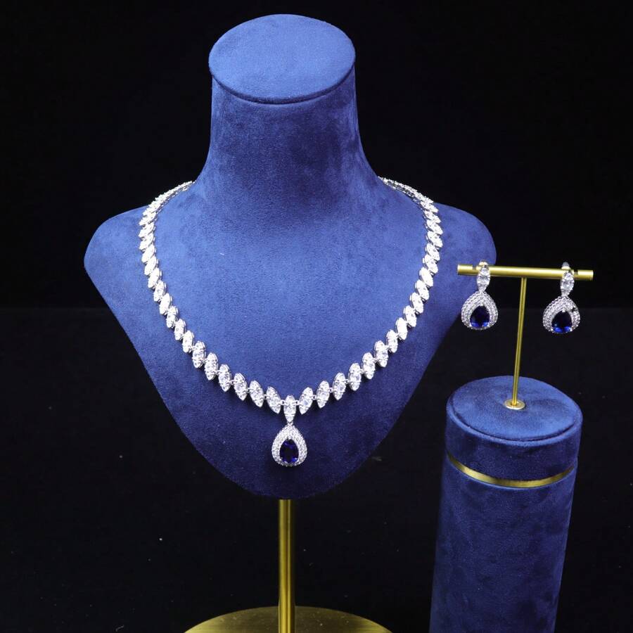 手工製作女士珠寶套裝，銀色經典水滴形和葉形鑲嵌鋯石項鍊耳環套裝，白金電鍍銅配AAA級鋯石，優雅奢華的婚禮派對服裝套裝 - 套裝 - 查看 1