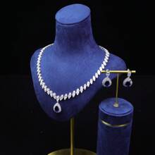 手工製作女士珠寶套裝，銀色經典水滴形和葉形鑲嵌鋯石項鍊耳環套裝，白金電鍍銅配AAA級鋯石，優雅奢華的婚禮派對服裝套裝 - 套裝 - 查看 3