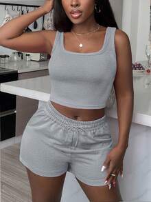 Bộ 2 chiếc áo vest và quần short màu xám thường ngày dành cho nữ, mùa hè - Xám - Xem 5