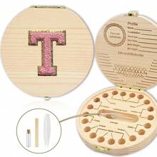 创意首字母木质牙齿收纳盒木质牙盒脐带牙齿收集盒婴幼儿纪念品盒刺绣字母A到Z - 杏色 - 查看 59