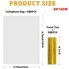100PCS Cellophane Treat Bags, 8x12cm/10x15/15x20cm/16x24/20x28cm Clear Cellophane Gift Bags With 4" Twist Ties, Clear Bread Bags, Plastic Bags,Cookie Bags, Candy Bags For Treats Gifts Giving Birthday Party Favors