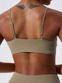 1pc Super Soft Nude Fabric Breathable Sweat Absorbent Yoga Sports Underwear Twisted Chest Design Back Sling Outdoor Workout Leisure Bra Running Fitness Pilates Women - 卡其色 - 查看 4