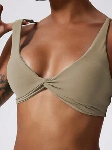 1pc Super Soft Nude Fabric Breathable Sweat Absorbent Yoga Sports Underwear Twisted Chest Design Back Sling Outdoor Workout Leisure Bra Running Fitness Pilates Women - 卡其色 - 查看 2