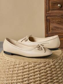 Women's Fashion Square Toe Low Vamp Apricot Bow Flat Casual Shoes, Outdoor Leisure High-End Black White Khaki Color Versatile Loafers Valentines - 杏色 - 查看 3