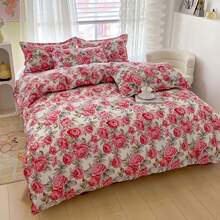 4 piezas Serie de cepillado suave, Juego de ropa de cama con estampado floral lindo (1 funda nórdica, 1 sábana plana, 2 fundas de almohada), Juego de ropa de cama estampado estilo Ins cómodo y sencillo, Adecuado para dormitorio, habitación de invitados y hotel