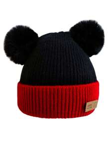 1pc Red & Black Knitted Beanie Hat With Pompom Balls For Toddlers, Unisex Winter Warm Cap