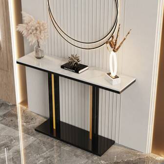 Marble Console Table Sintered Stone, Luxury Modern Hallway Tables Marble Tabletop With Black And Gold Geometric Pedestal For Living Room, Hallway, Bedroom