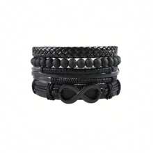 Set da 4 braccialetti in pelle da uomo, corda nera alla moda a più strati, regalo per Natale, Capodanno, San Valentino e altre festività