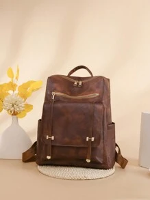 Ba lô sinh viên phong cách đại học PU sức chứa lớn dành cho nữ, Túi du lịch Daypack đa năng thông thường - màu nâu - Xem 1