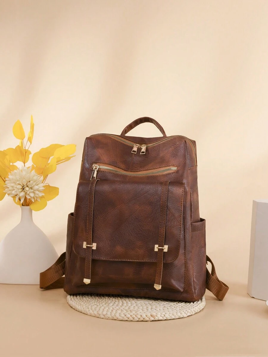 Ba lô sinh viên phong cách đại học PU sức chứa lớn dành cho nữ, Túi du lịch Daypack đa năng thông thường - màu nâu - Xem 1