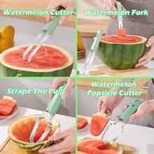 1set Stainless Steel Watermelon Slicer, Fork And Tongs - Multipurpose Fruit Cutting Tool For Kitchen - Multicolor - View 7