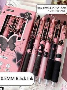 6pcs/Box Butterfly Pattern 0.5mm Black Ink Ballpoint Pens, Y2K Aesthetic, Great For Back To School - Multicolor - View 1