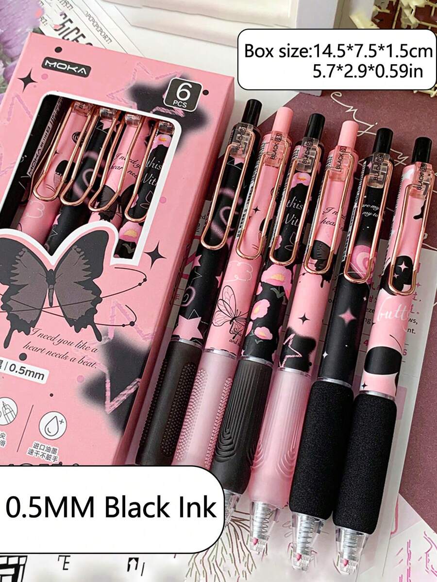 6pcs/Box Butterfly Pattern 0.5mm Black Ink Ballpoint Pens, Y2K Aesthetic, Great For Back To School - Multicolor - View 1